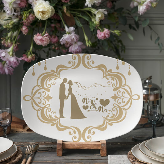 Bride and Groom Mr. & Mrs. Golden Trim 10”x14” Oval Serving Platter