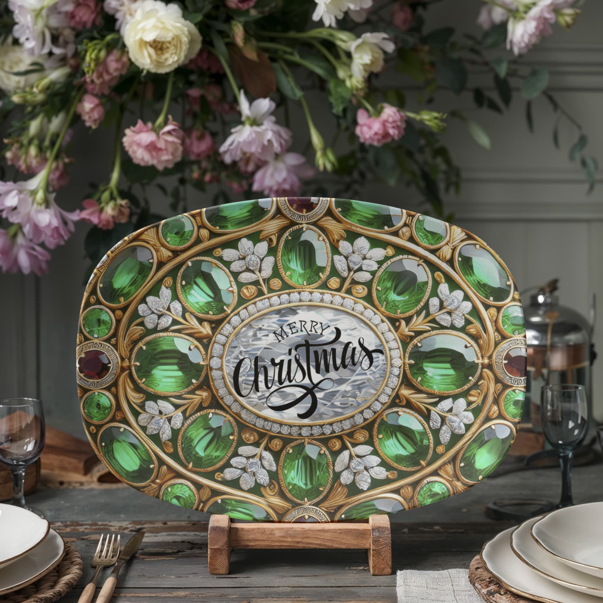 Ornate Silver Frame with Green Gemstones Oval Serving Platter