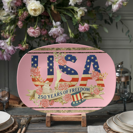 Pink USA 250 Years of Freedom Floral 10" x 14" Oval Serving Platter