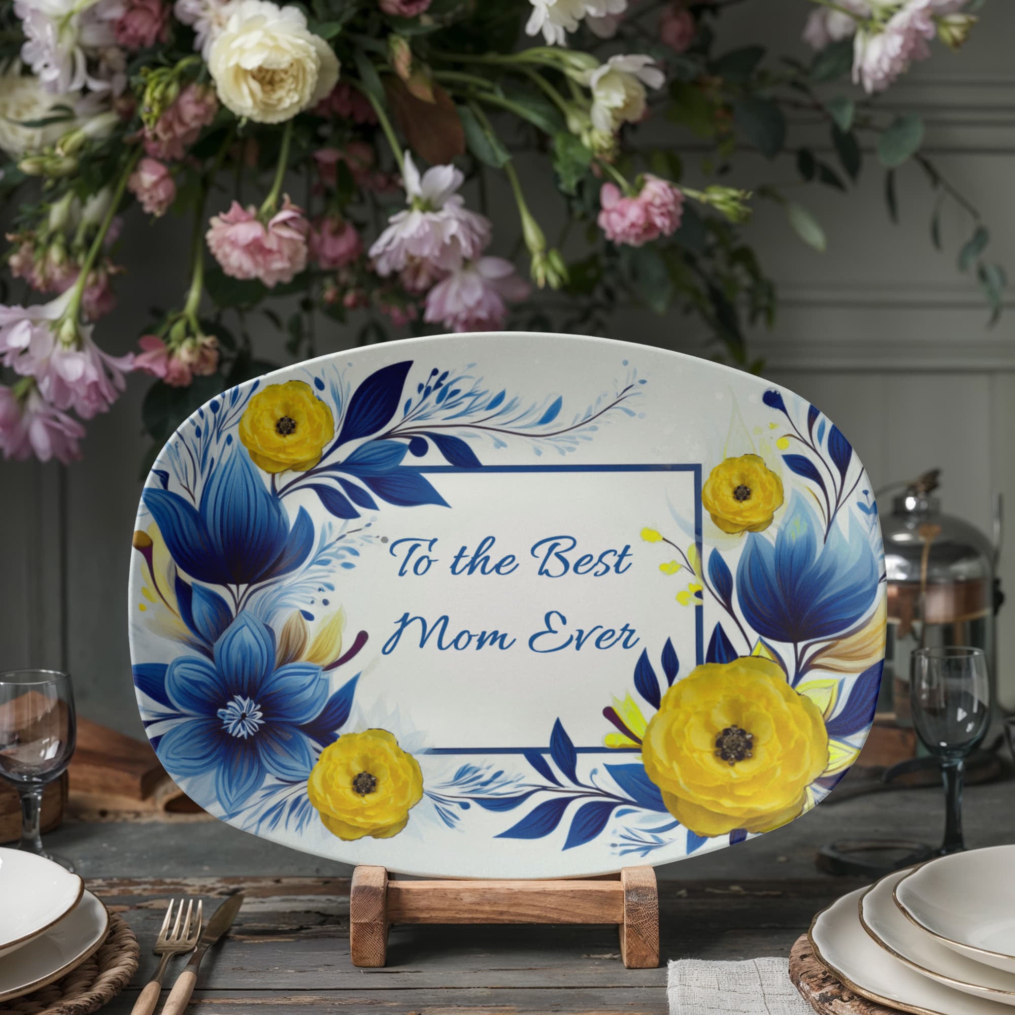 Blue & Yellow Floral Design To the Best Mom Ever 10”x14” Oval Serving Platter