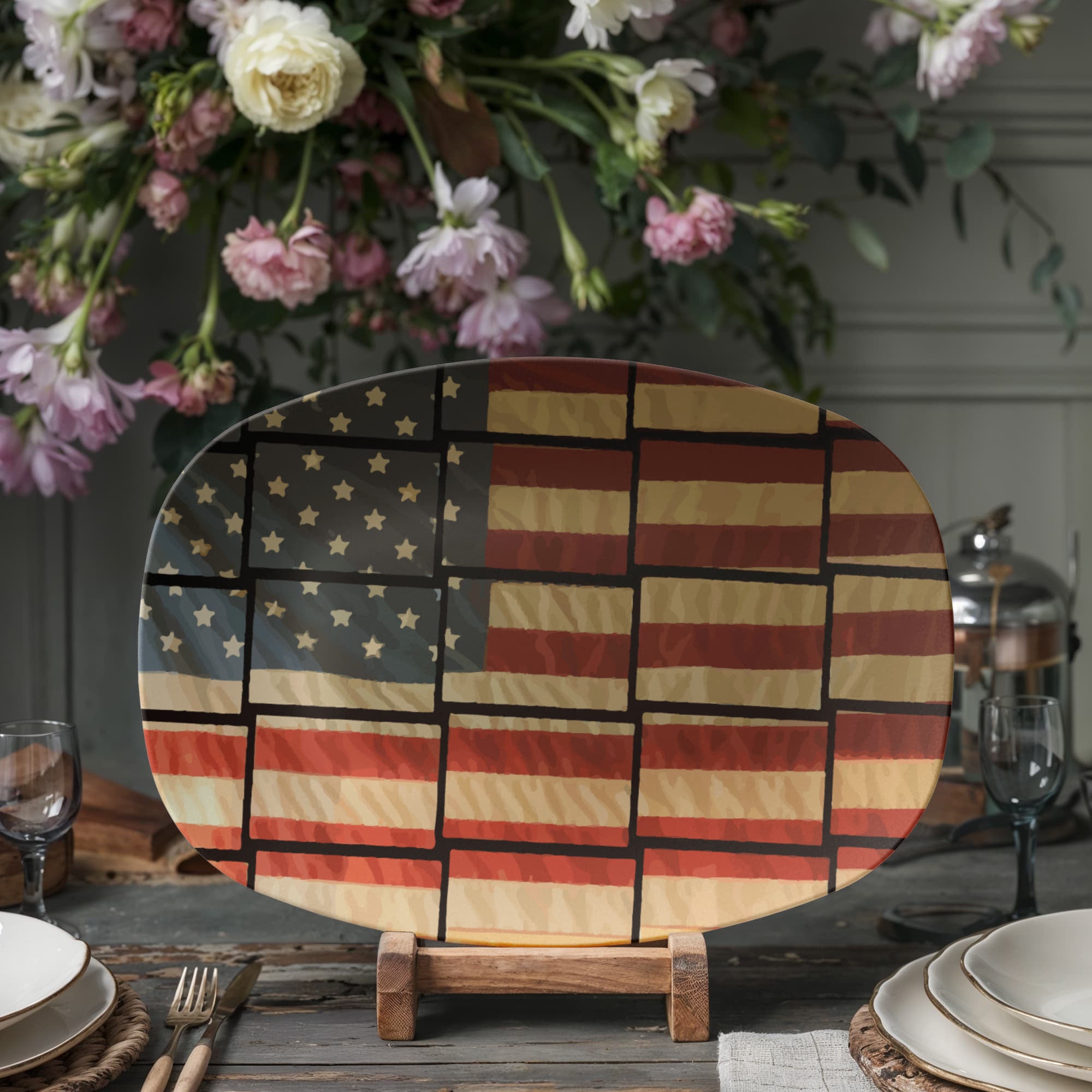 US Flag Basket Weave Pattern 10” x 14” Oval Serving Platter