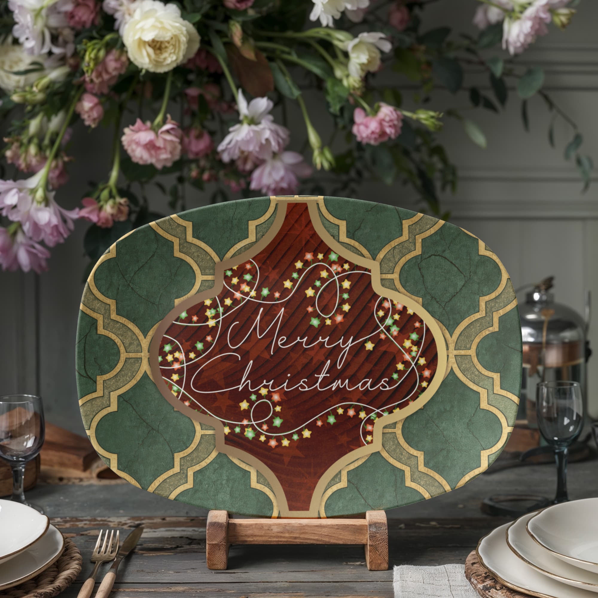 Merry Christmas Arabasque Tile Oval Serving Platter