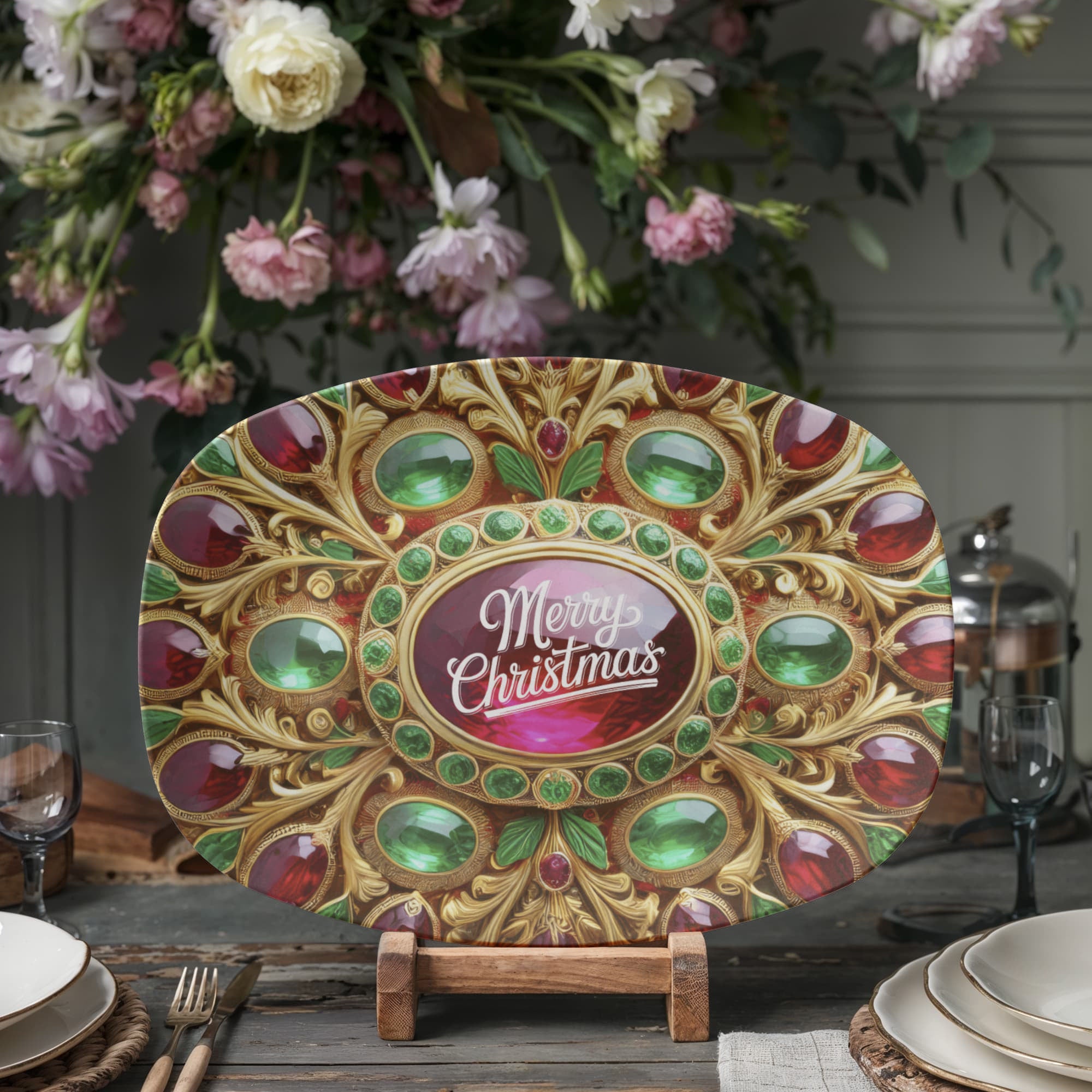 Christmas Ornate Golden Frame with Gemstones Oval Serving Platter