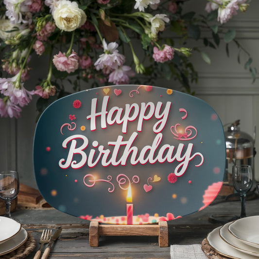 Happy Birthday Cake & Candle 10" x 14" Oval Serving Platter