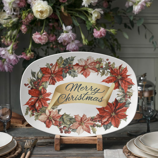 Merry Christmas Oval Wreath 10" x 14" Polymer Serving Platter