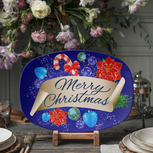 Blue Merry Christmas Design 10" x 14" Oval Serving Platter