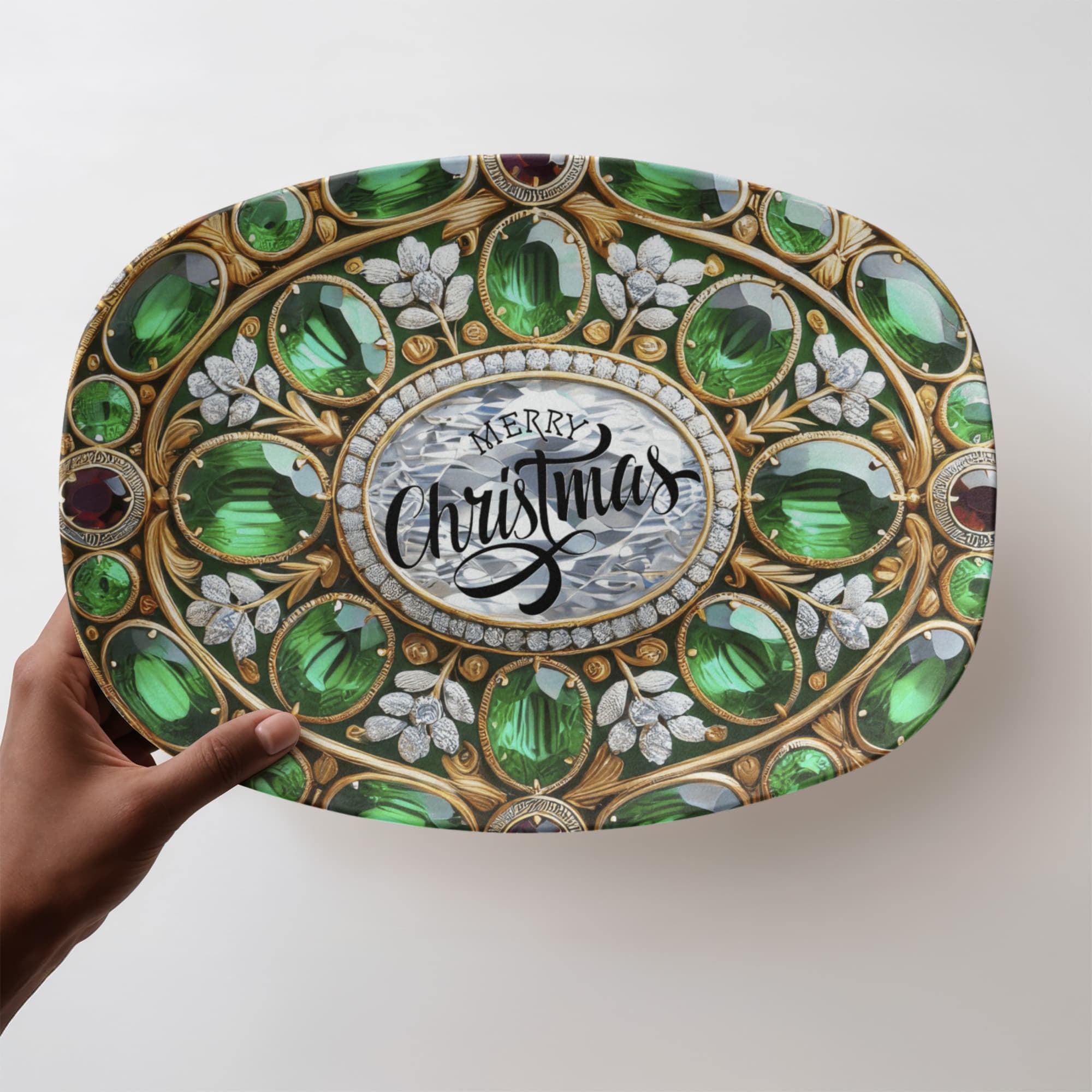 Ornate Silver Frame with Green Gemstones Oval Serving Platter
