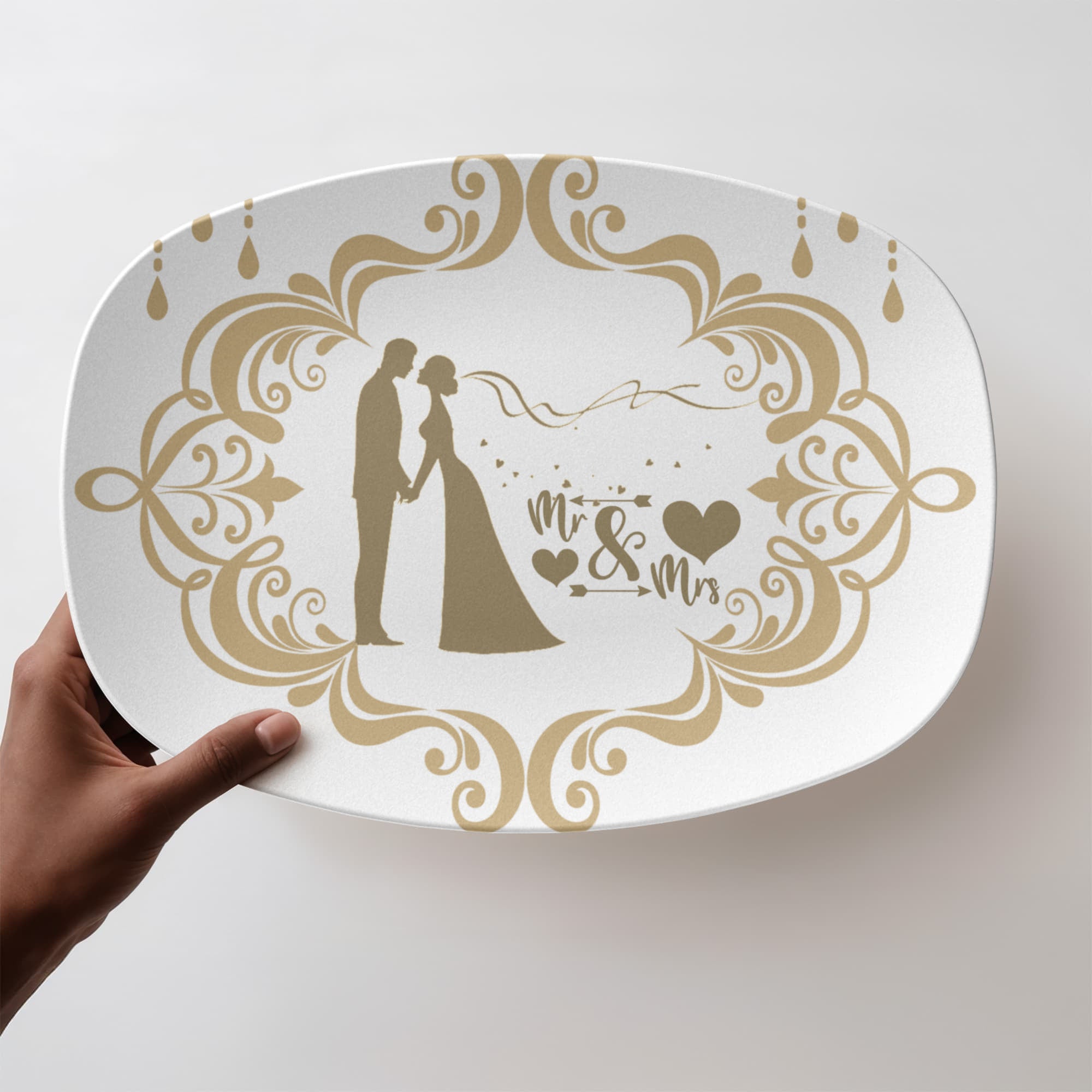 Bride and Groom Mr. & Mrs. Golden Trim 10”x14” Oval Serving Platter