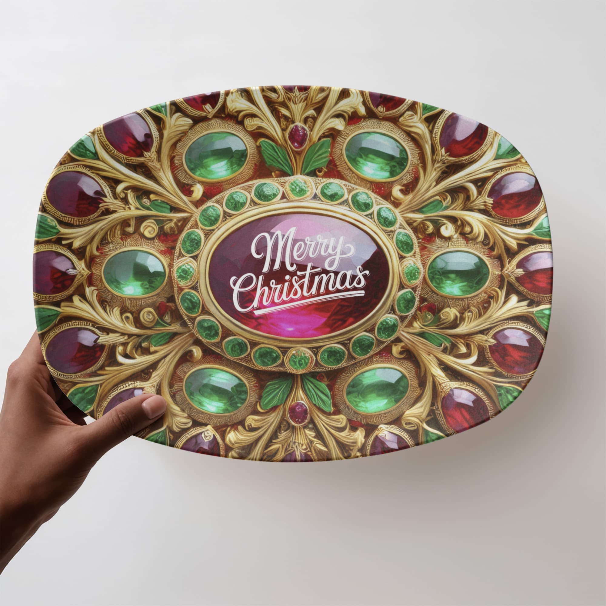 Christmas Ornate Golden Frame with Gemstones Oval Serving Platter