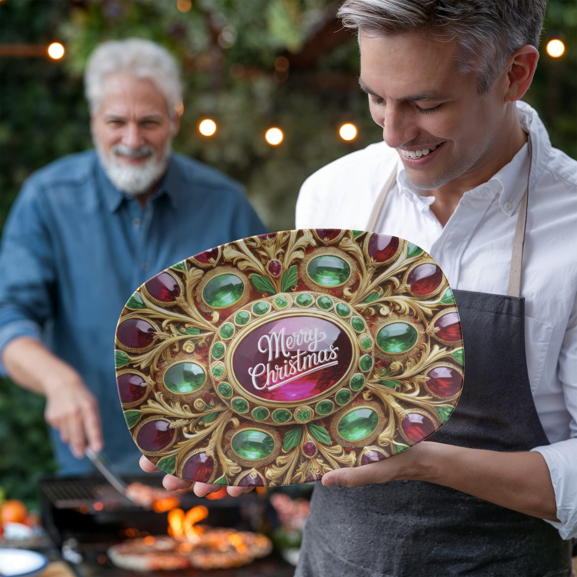 Christmas Ornate Golden Frame with Gemstones Oval Serving Platter