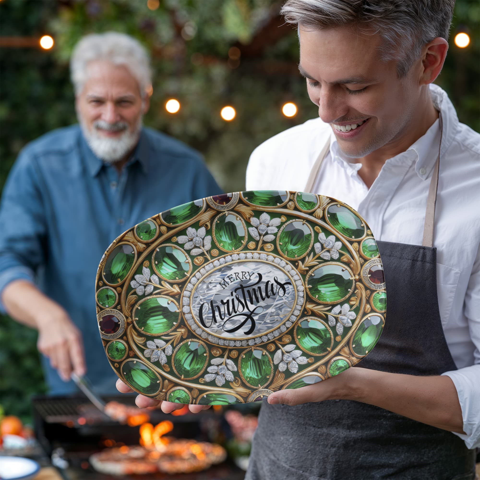 Ornate Silver Frame with Green Gemstones Oval Serving Platter