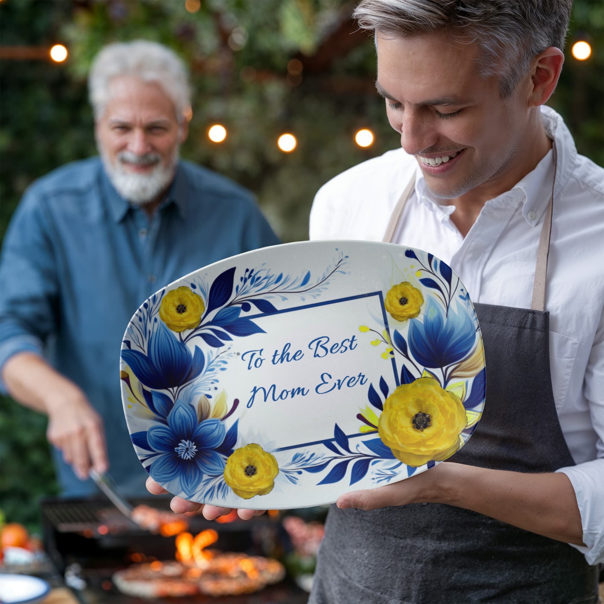 Blue & Yellow Floral Design To the Best Mom Ever 10”x14” Oval Serving Platter