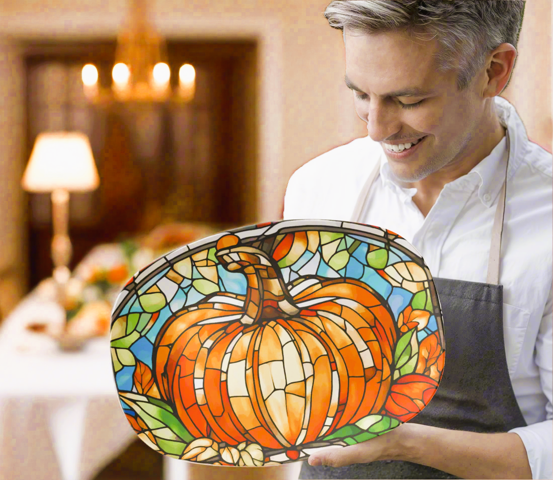 Man holding a colorful stained glass pumpkin decoration in a warm indoor setting.