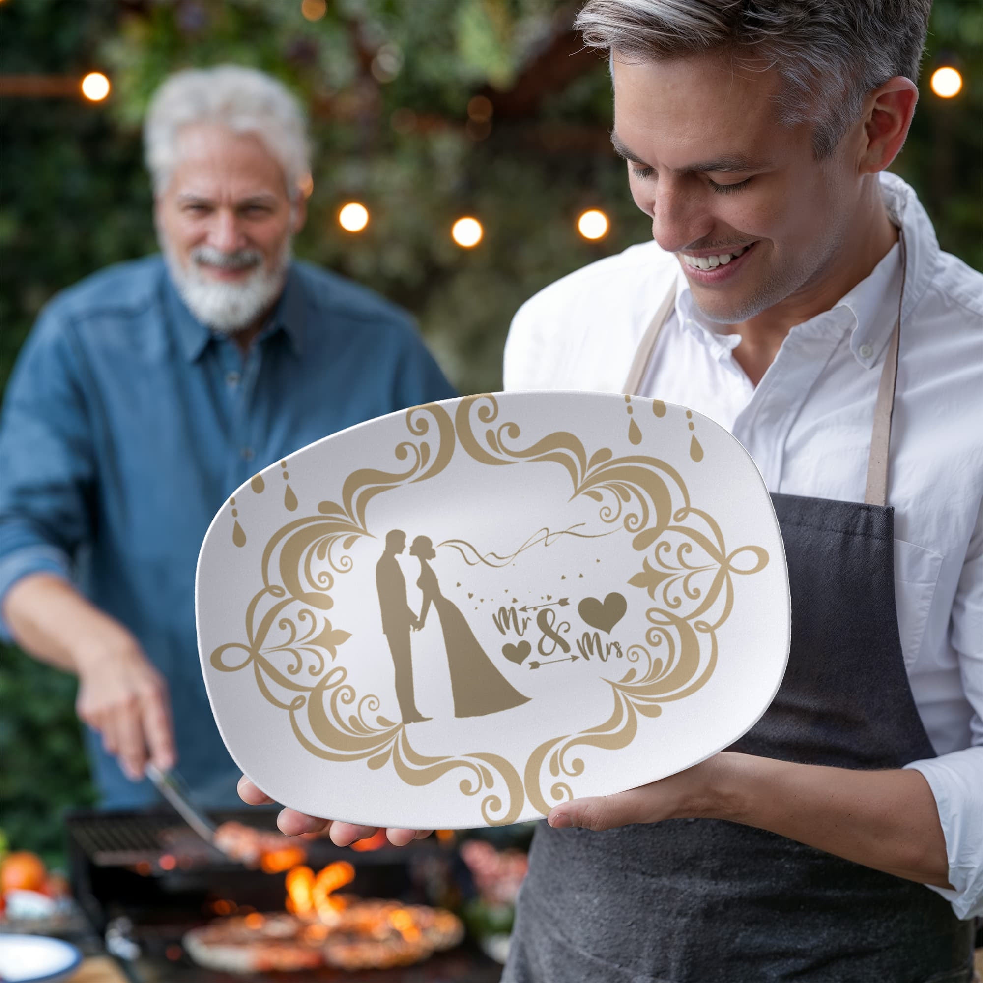 Bride and Groom Mr. & Mrs. Golden Trim 10”x14” Oval Serving Platter