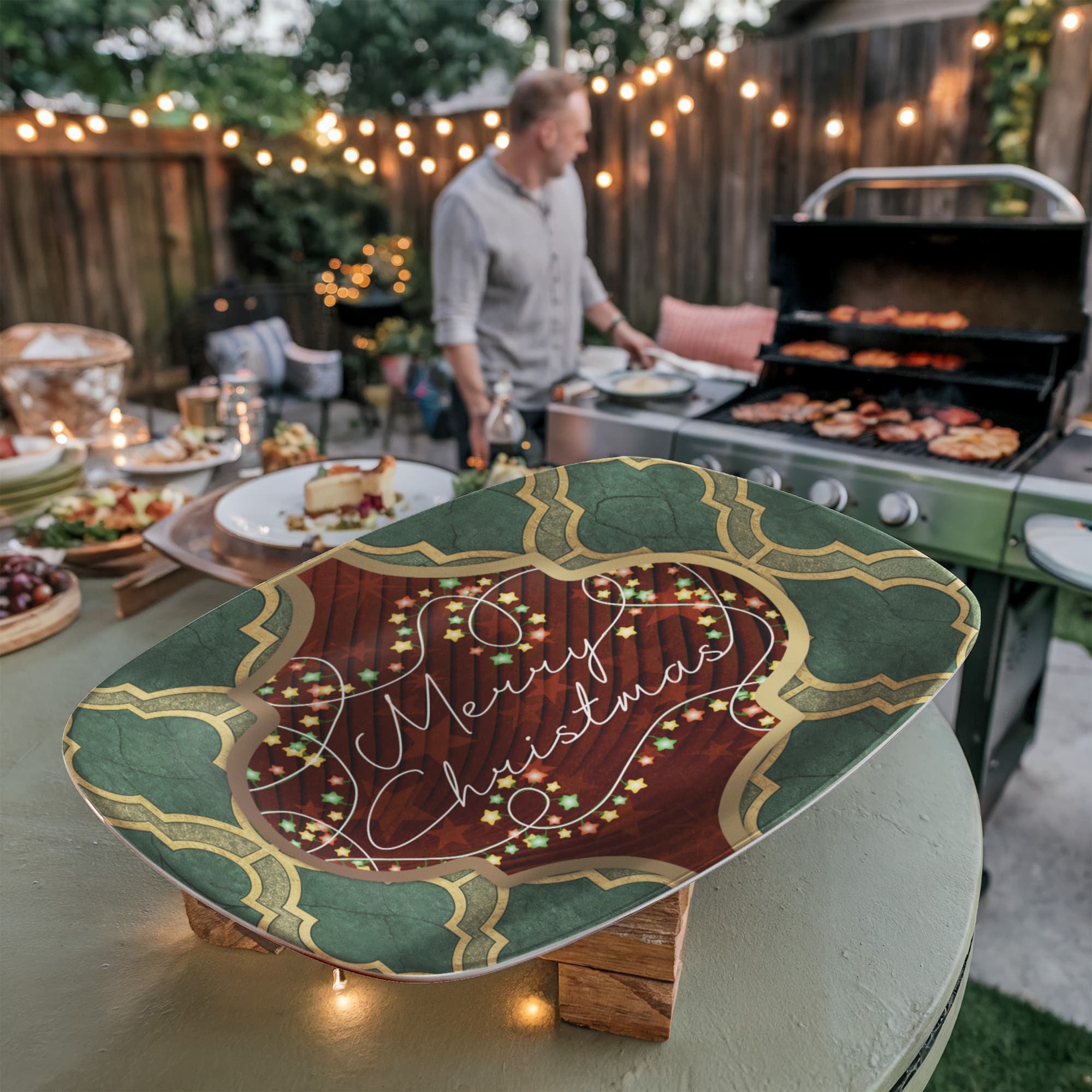 Merry Christmas Arabasque Tile Oval Serving Platter