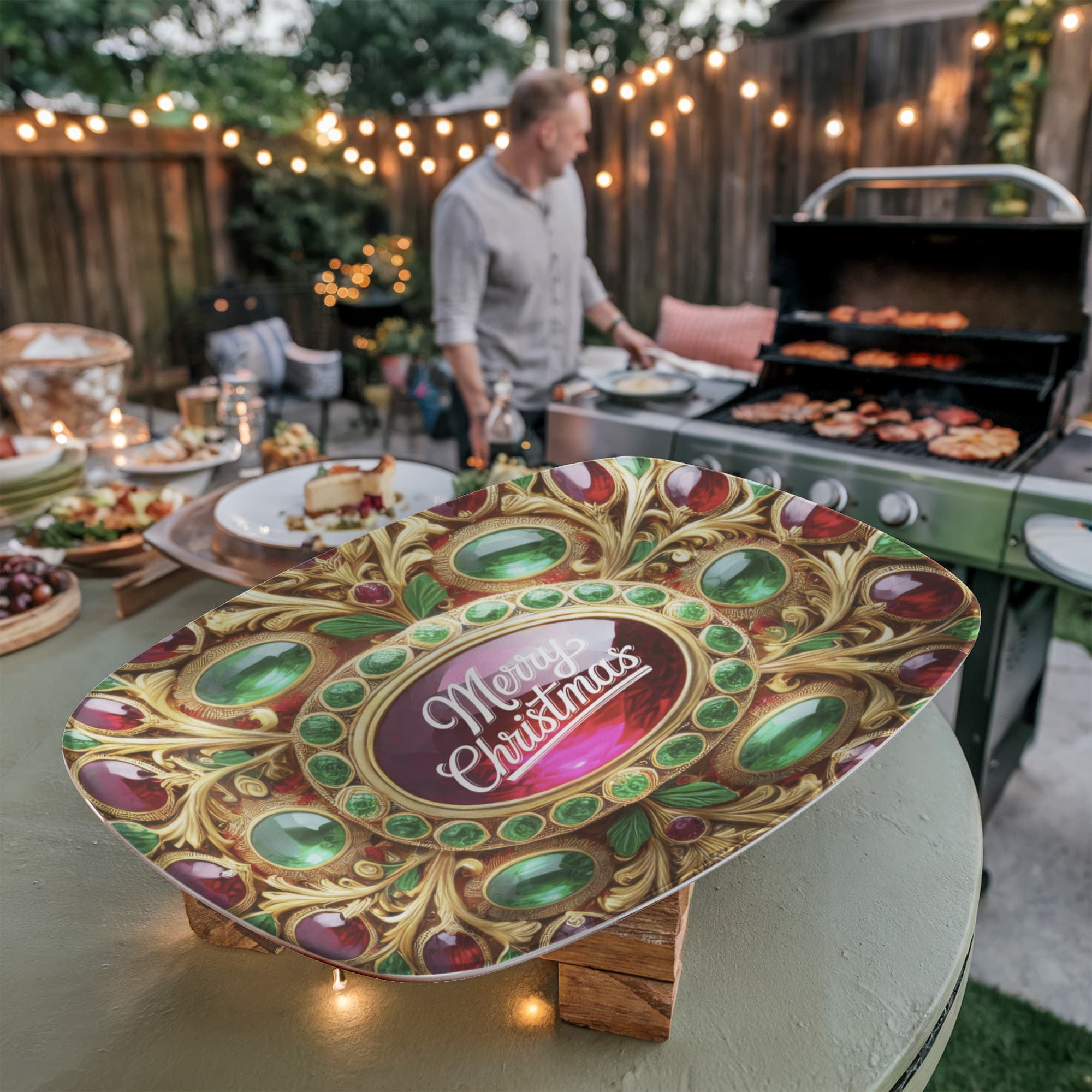 Christmas Ornate Golden Frame with Gemstones Oval Serving Platter