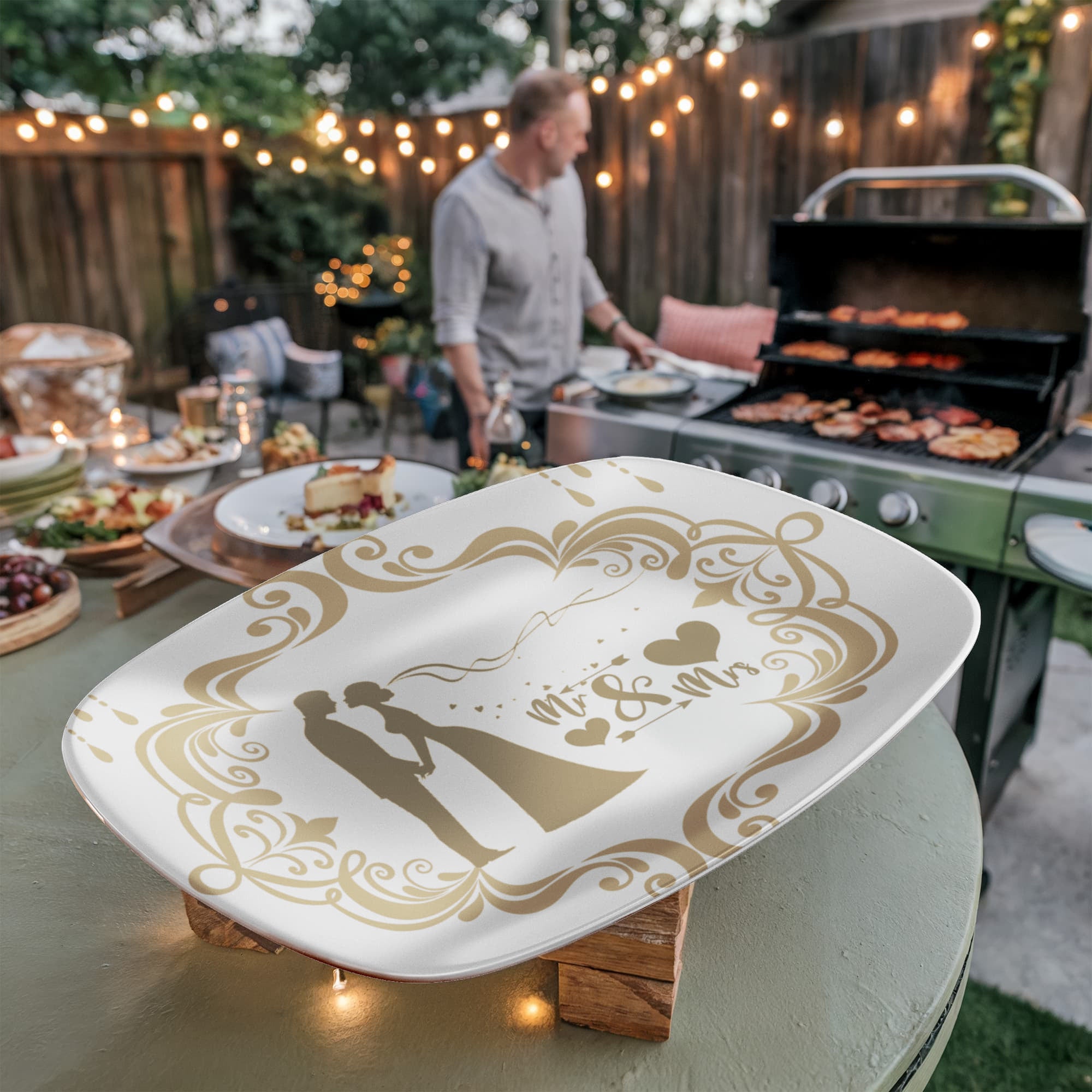 Bride and Groom Mr. & Mrs. Golden Trim 10”x14” Oval Serving Platter