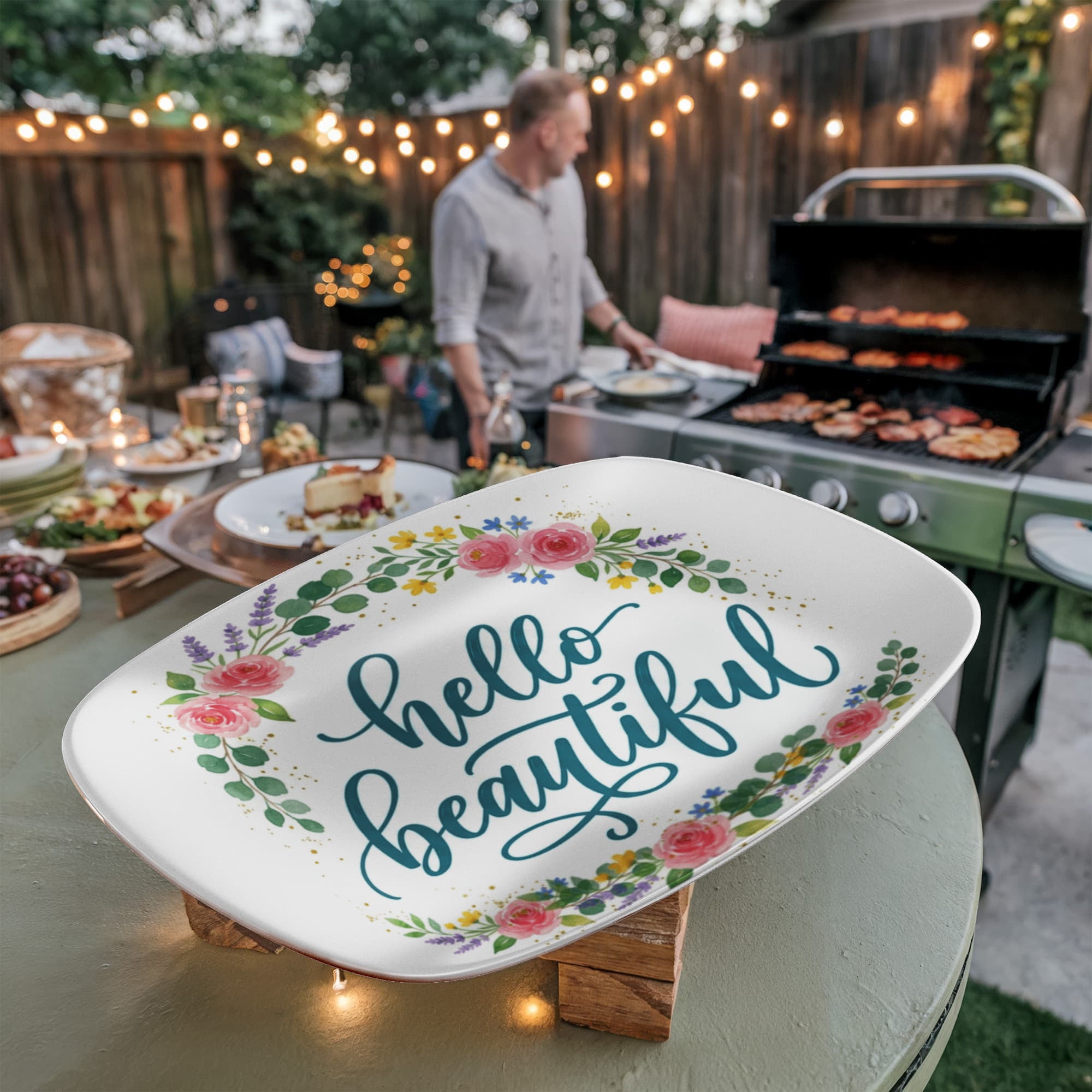 Floral Hello Beautiful 10”x14” Oval Serving Platter