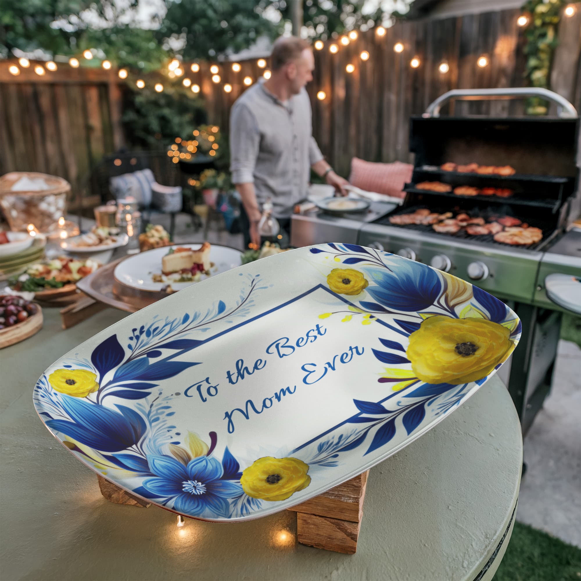 Blue & Yellow Floral Design To the Best Mom Ever 10”x14” Oval Serving Platter