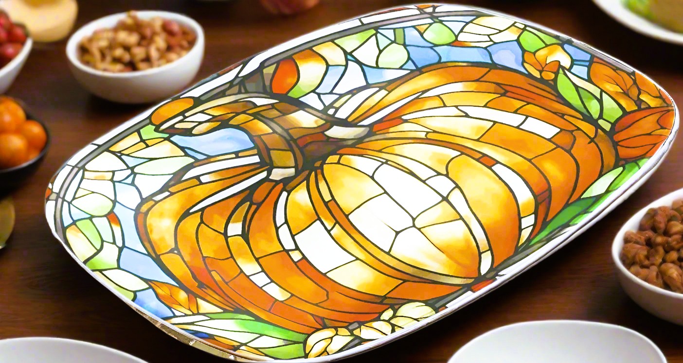Stained Glass Orange Pumpkin Serving Platter Dish