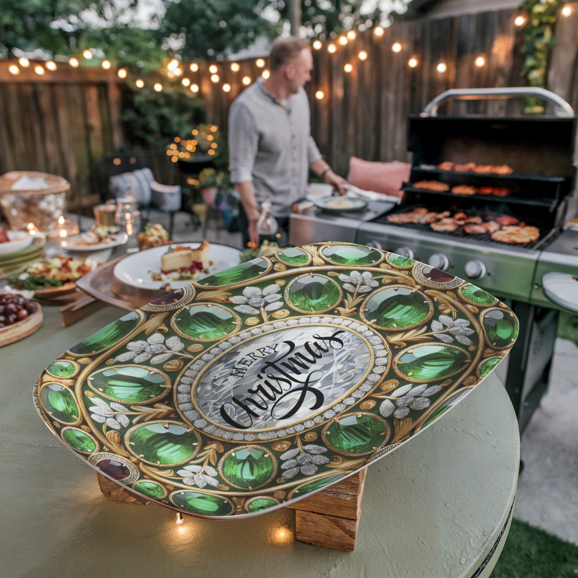 Ornate Silver Frame with Green Gemstones Oval Serving Platter