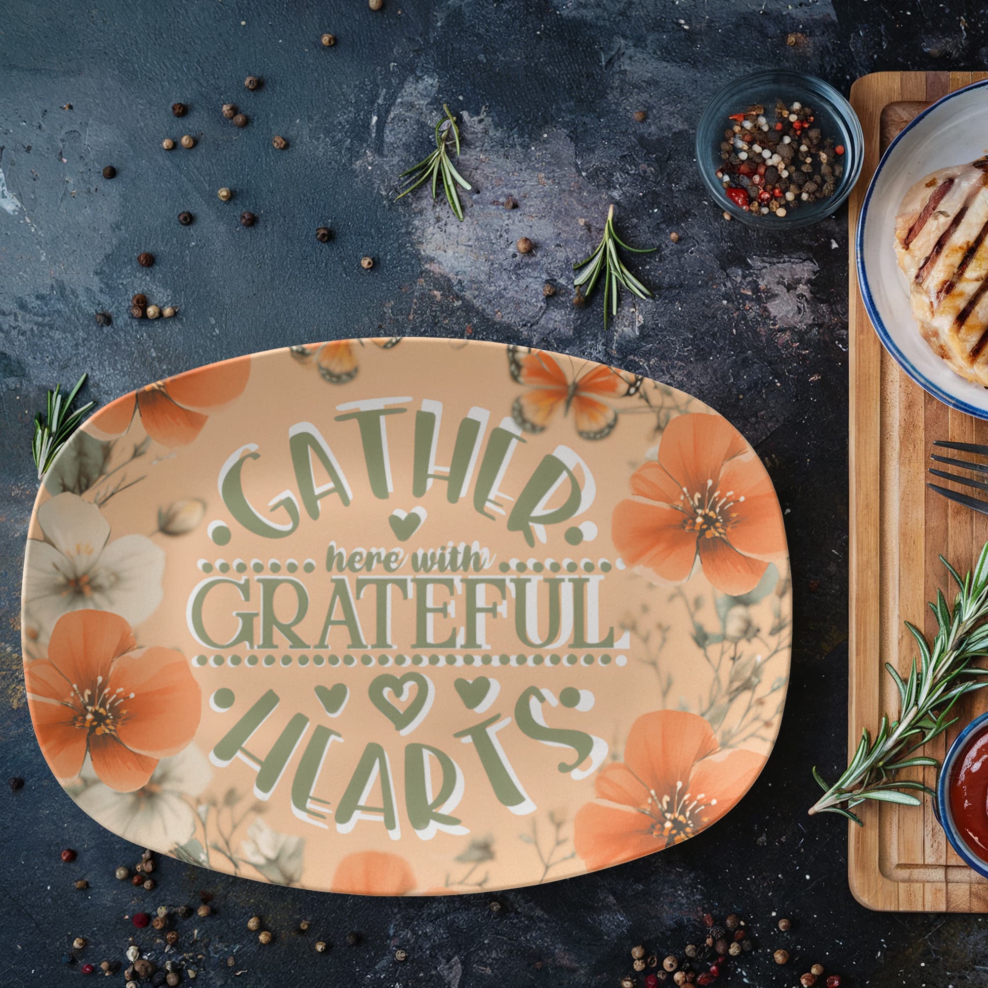 Gather Here with Grateful Hearts Orange Serving Platter