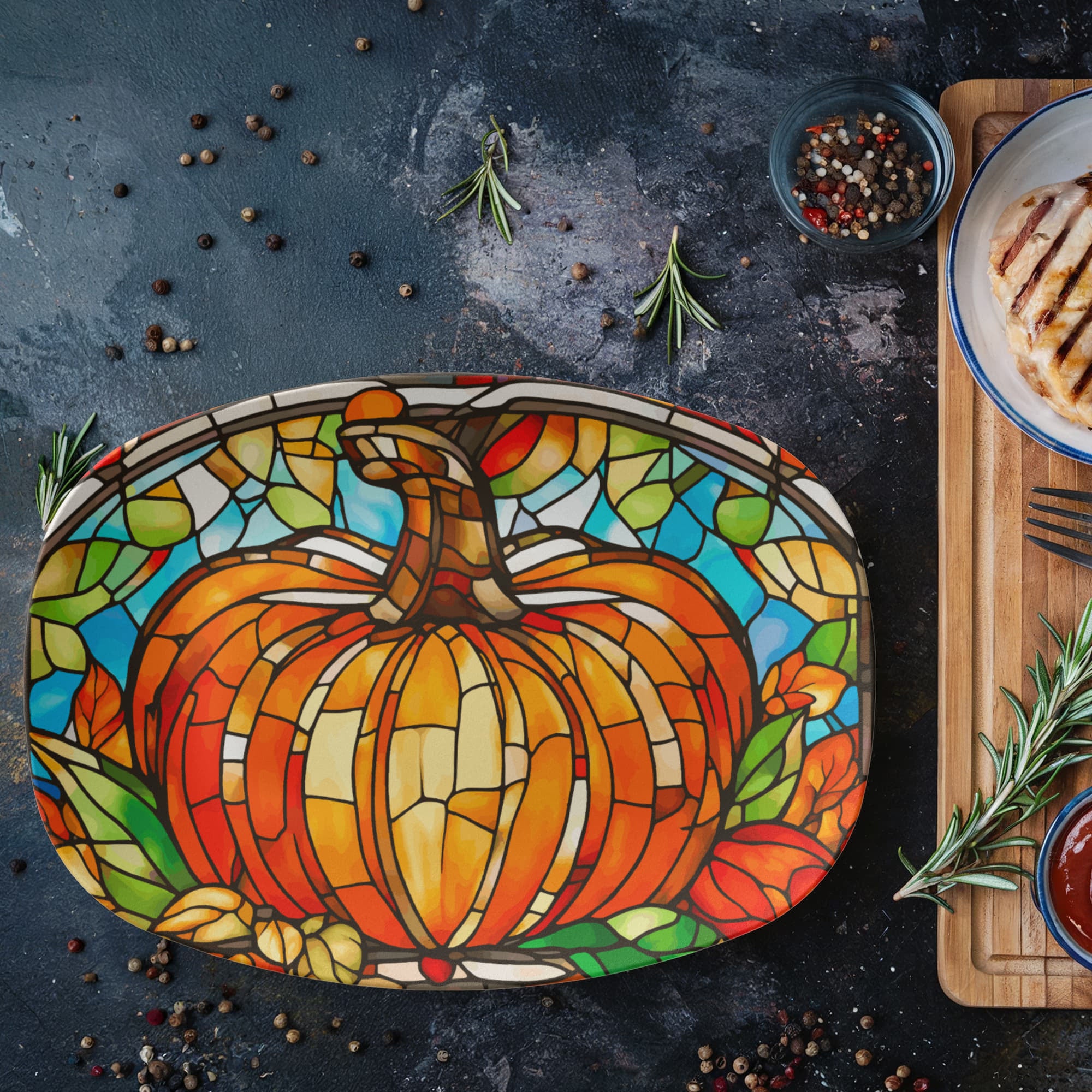 Stained Glass Orange Pumpkin Serving Platter Dish