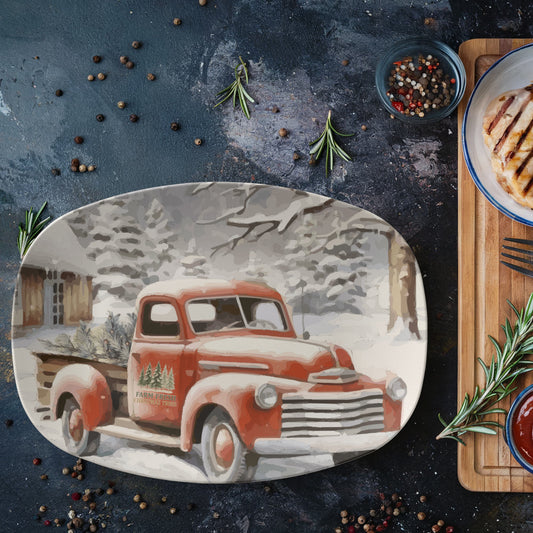 Farm Fresh Christmas Tree Vintage Truck Oval Serving Platter