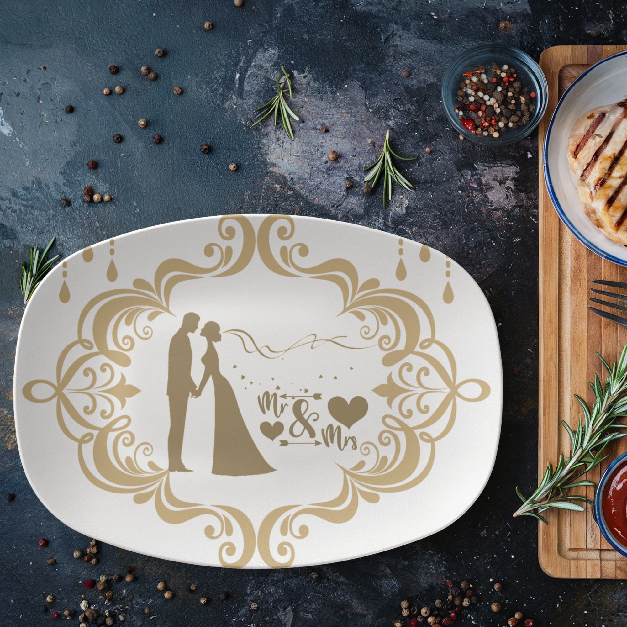 Bride and Groom Mr. & Mrs. Golden Trim 10”x14” Oval Serving Platter