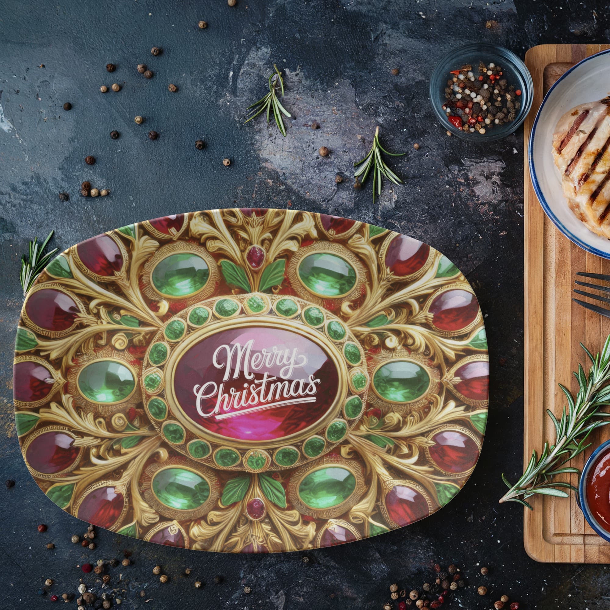 Christmas Ornate Golden Frame with Gemstones Oval Serving Platter