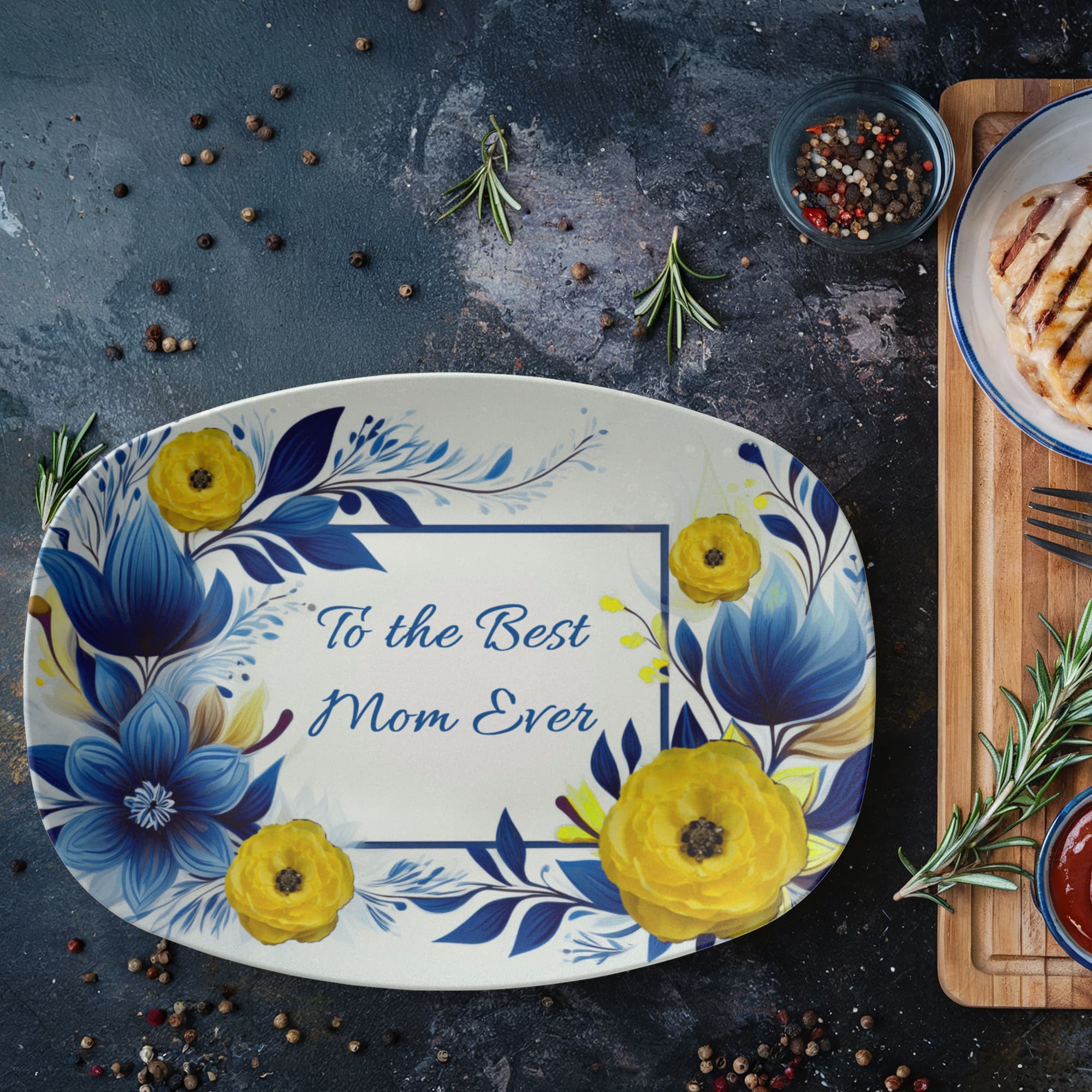 Blue & Yellow Floral Design To the Best Mom Ever 10”x14” Oval Serving Platter