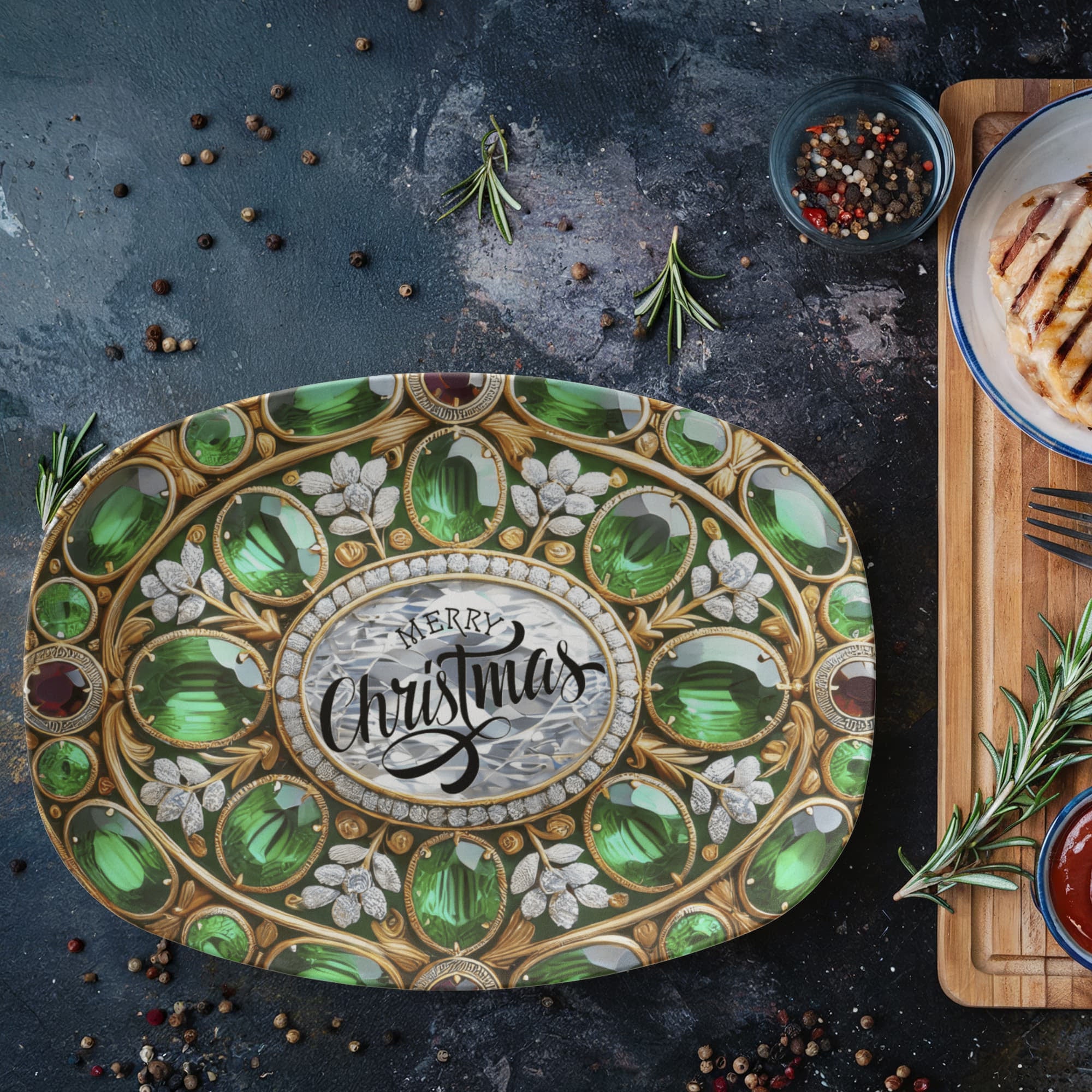 Ornate Silver Frame with Green Gemstones Oval Serving Platter