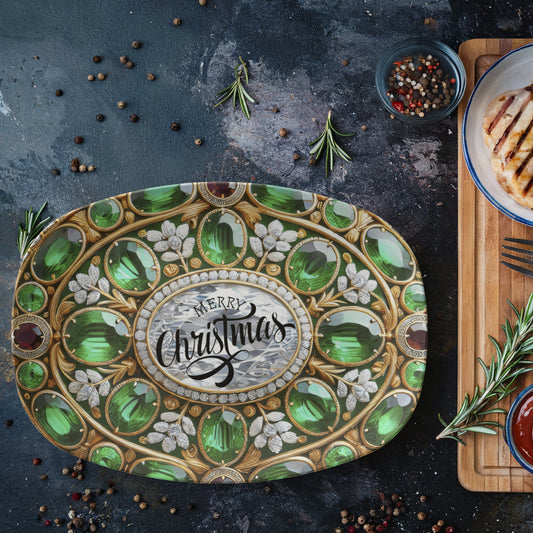 Ornate Silver Frame with Green Gemstones Oval Serving Platter