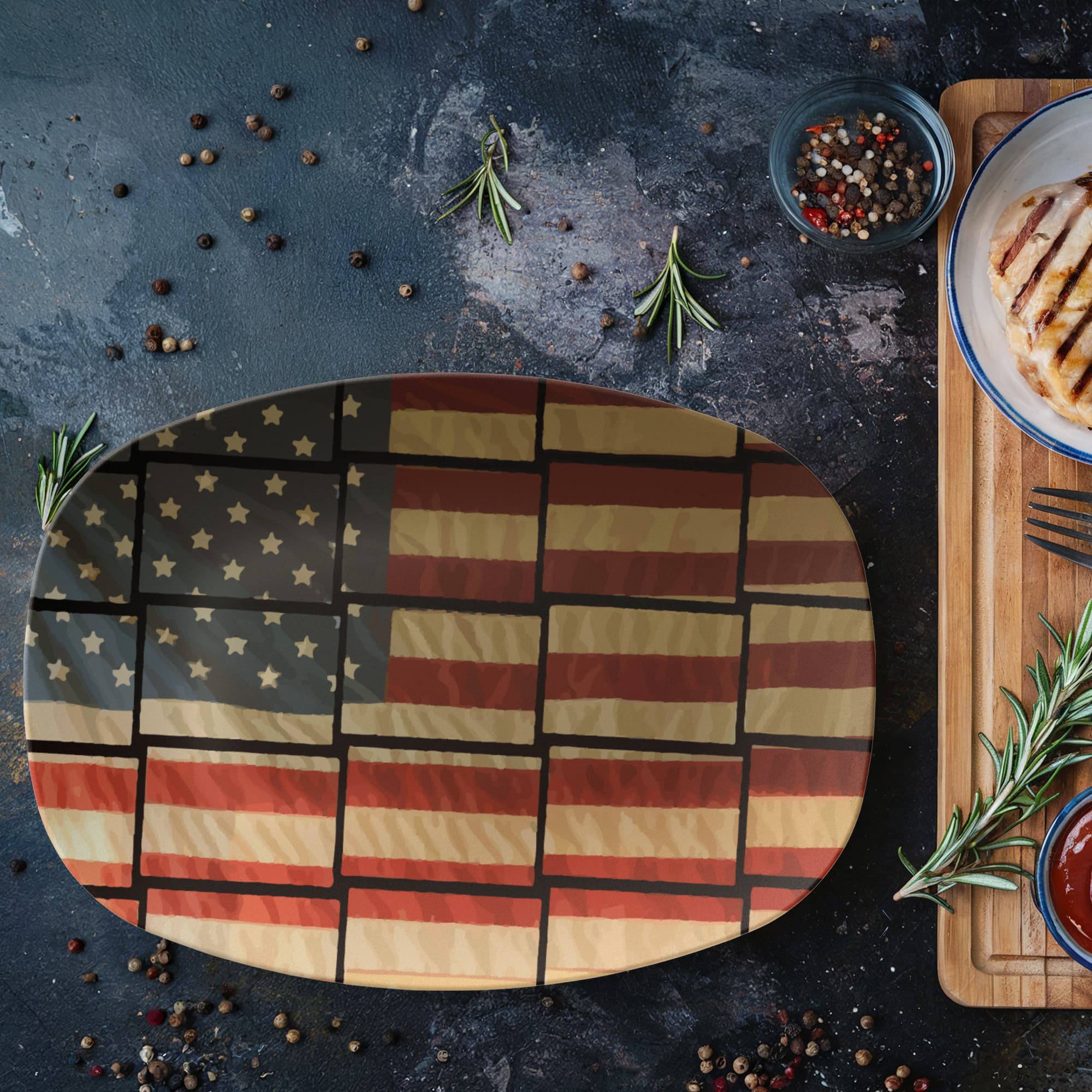 US Flag Basket Weave Pattern 10” x 14” Oval Serving Platter