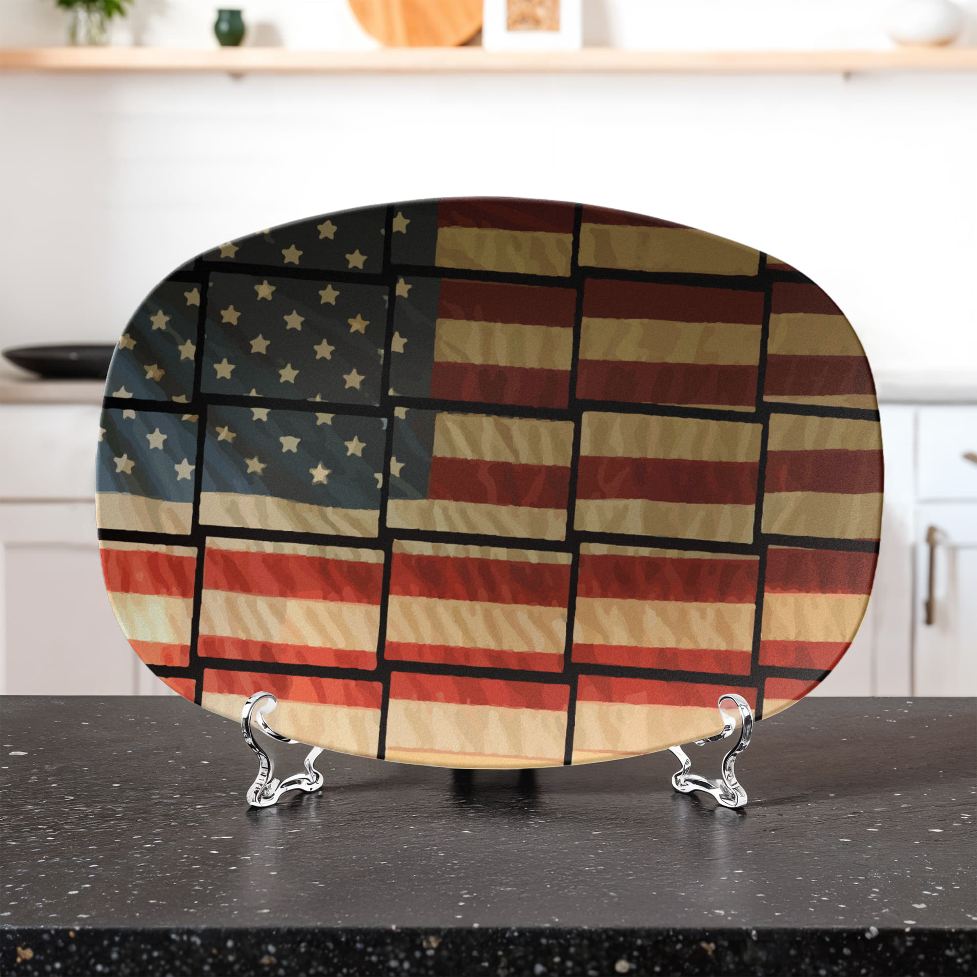US Flag Basket Weave Pattern 10” x 14” Oval Serving Platter