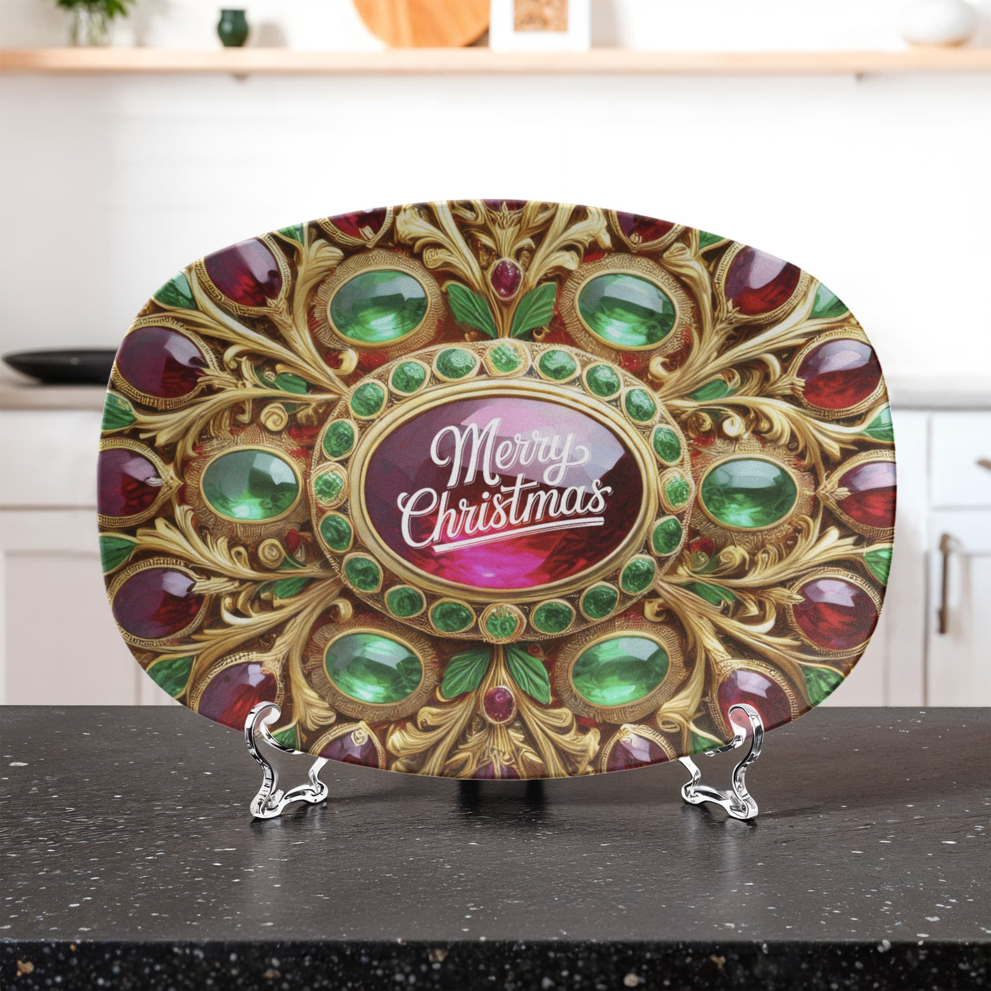 Christmas Ornate Golden Frame with Gemstones Oval Serving Platter