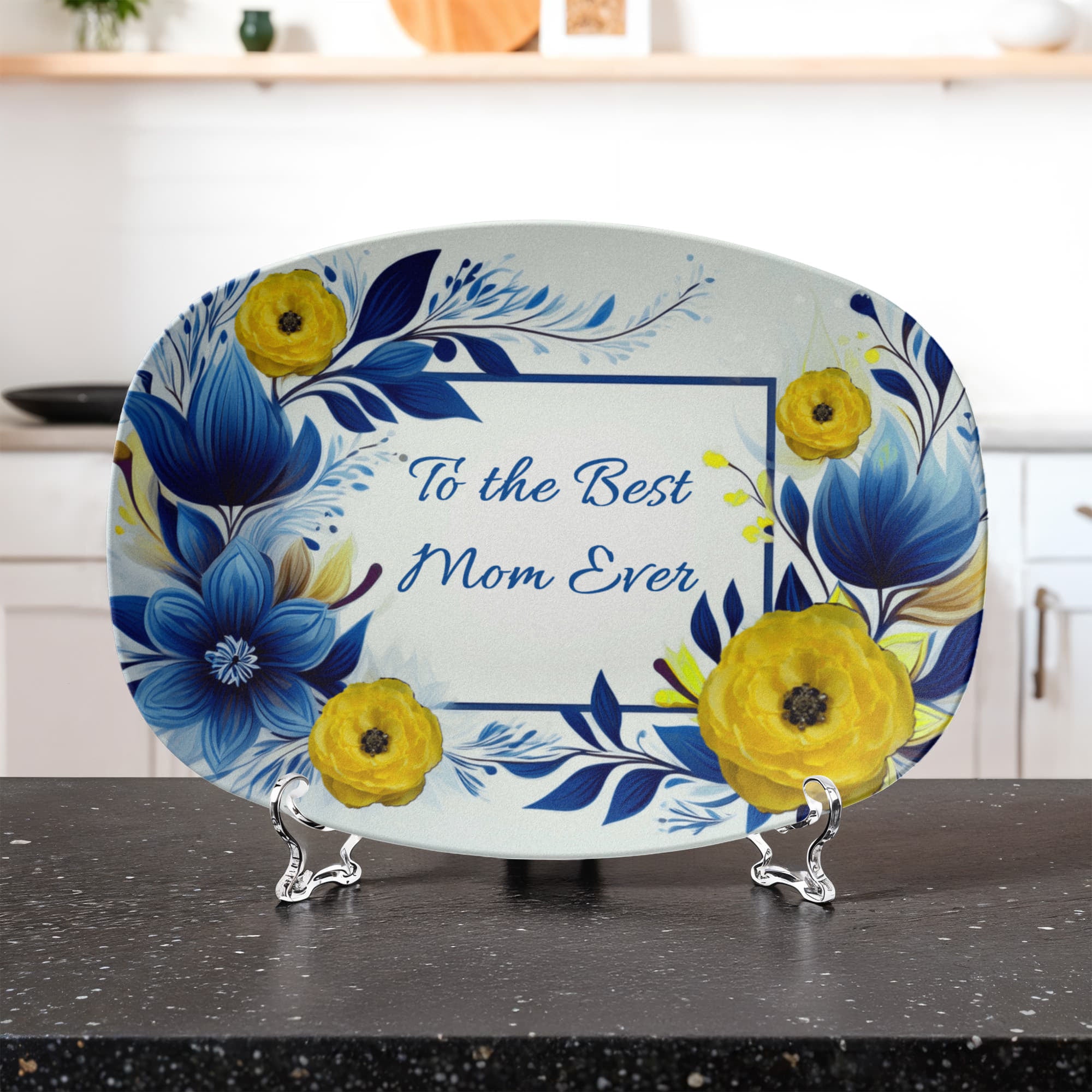 Blue & Yellow Floral Design To the Best Mom Ever 10”x14” Oval Serving Platter