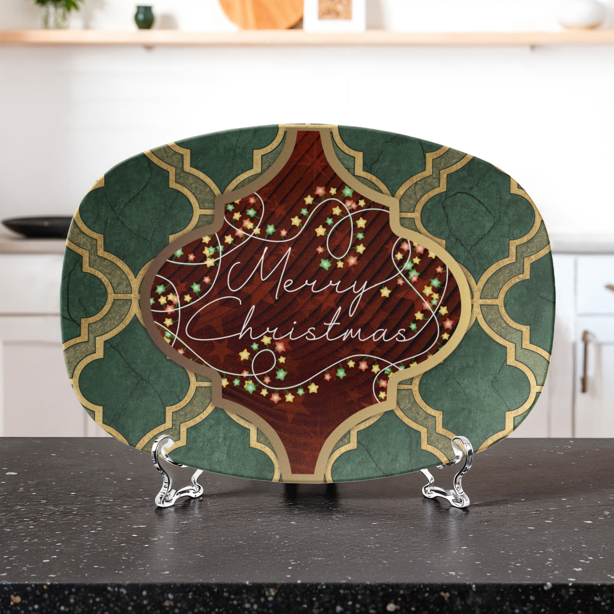 Merry Christmas Arabasque Tile Oval Serving Platter