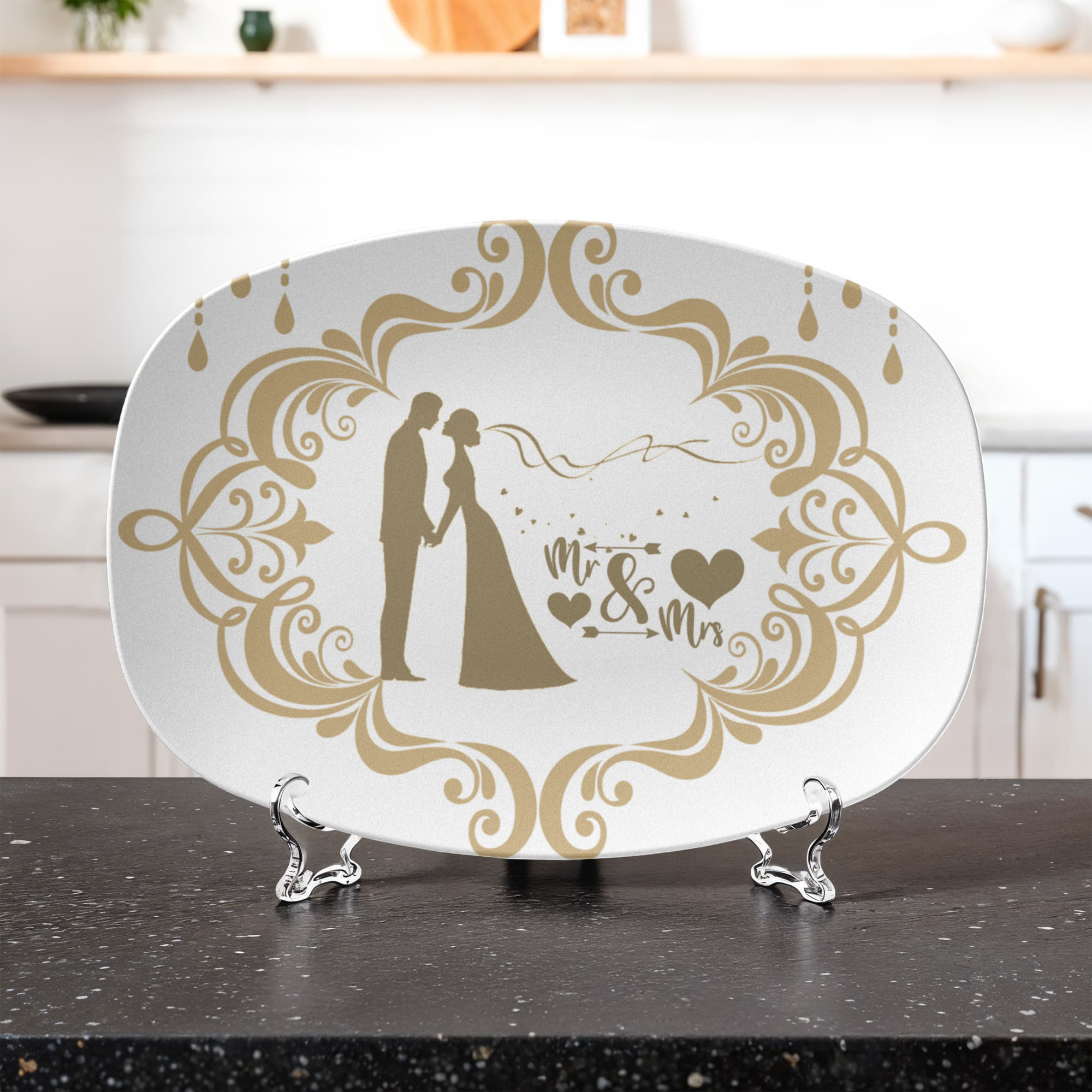 Bride and Groom Mr. & Mrs. Golden Trim 10”x14” Oval Serving Platter