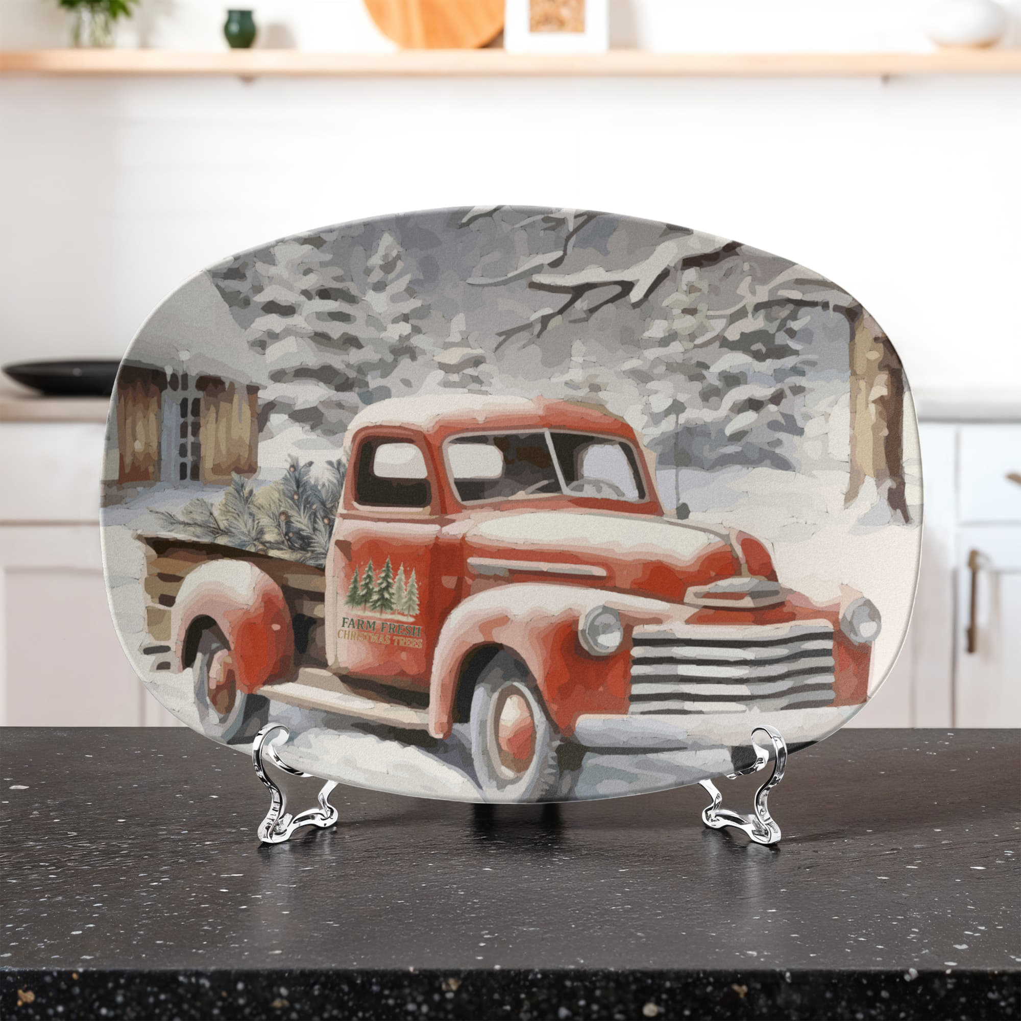 Farm Fresh Christmas Tree Vintage Truck Oval Serving Platter