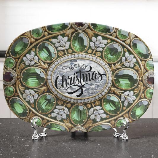 Ornate Silver Frame with Green Gemstones Oval Serving Platter