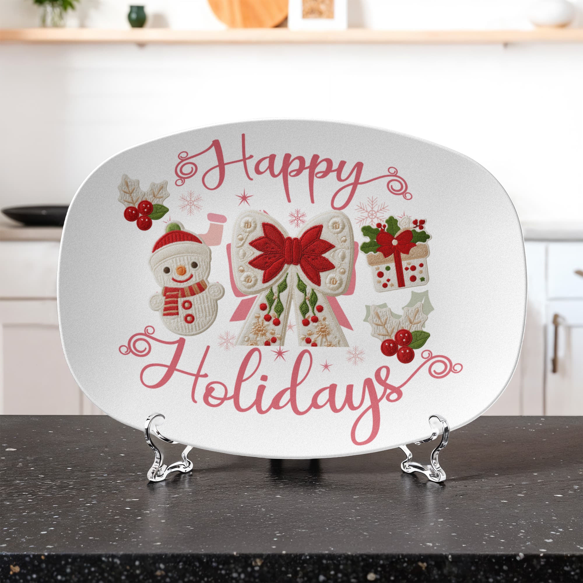 Happy Holidays Faux Yarn Oval Serving Platter