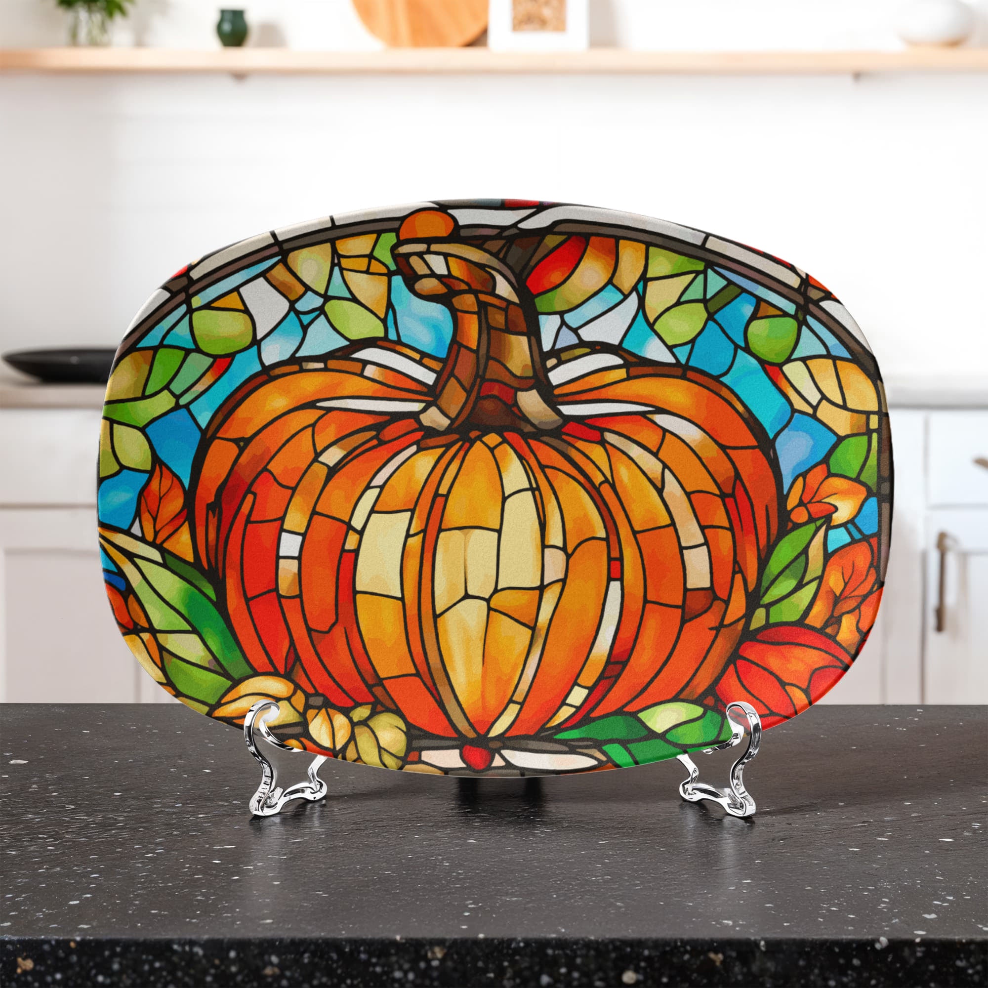Stained Glass Orange Pumpkin Serving Platter Dish