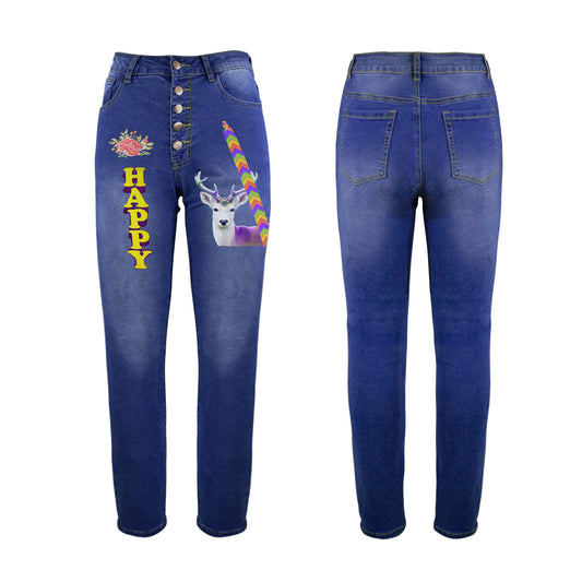 Happy Deer Women's Graffiti Design Jeans | Front Print