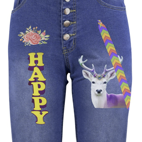 Women's Happy Deer Decorated Design Jeans with Front Printing