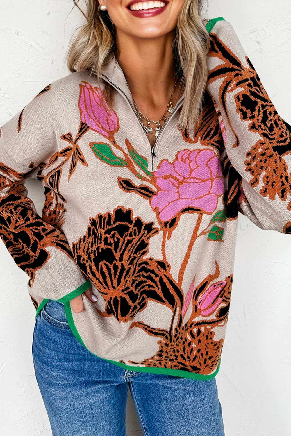 Women's Floral Knit Quarter-Zip Long Sleeve Sweater
