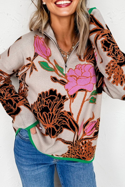 Women's Floral Knit Quarter-Zip Long Sleeve Sweater