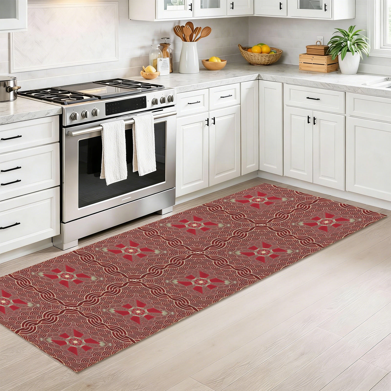 Red patterned rug on a light wood floor in a kitchen with white cabinets and appliances.