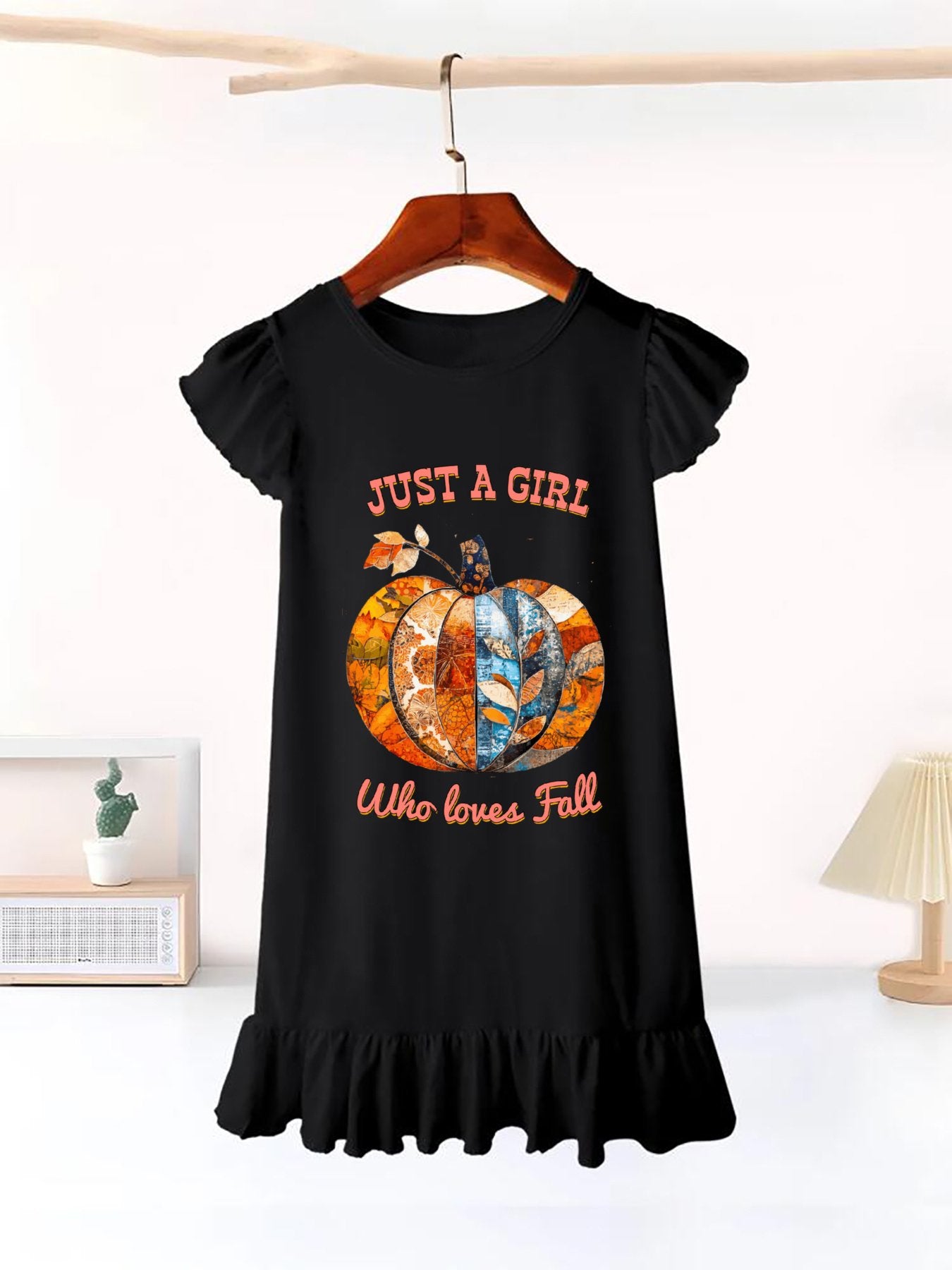 Just a Girl Who Loves Fall Pumpkins Flutter Sleeve Dress for Girls (Front Printing)