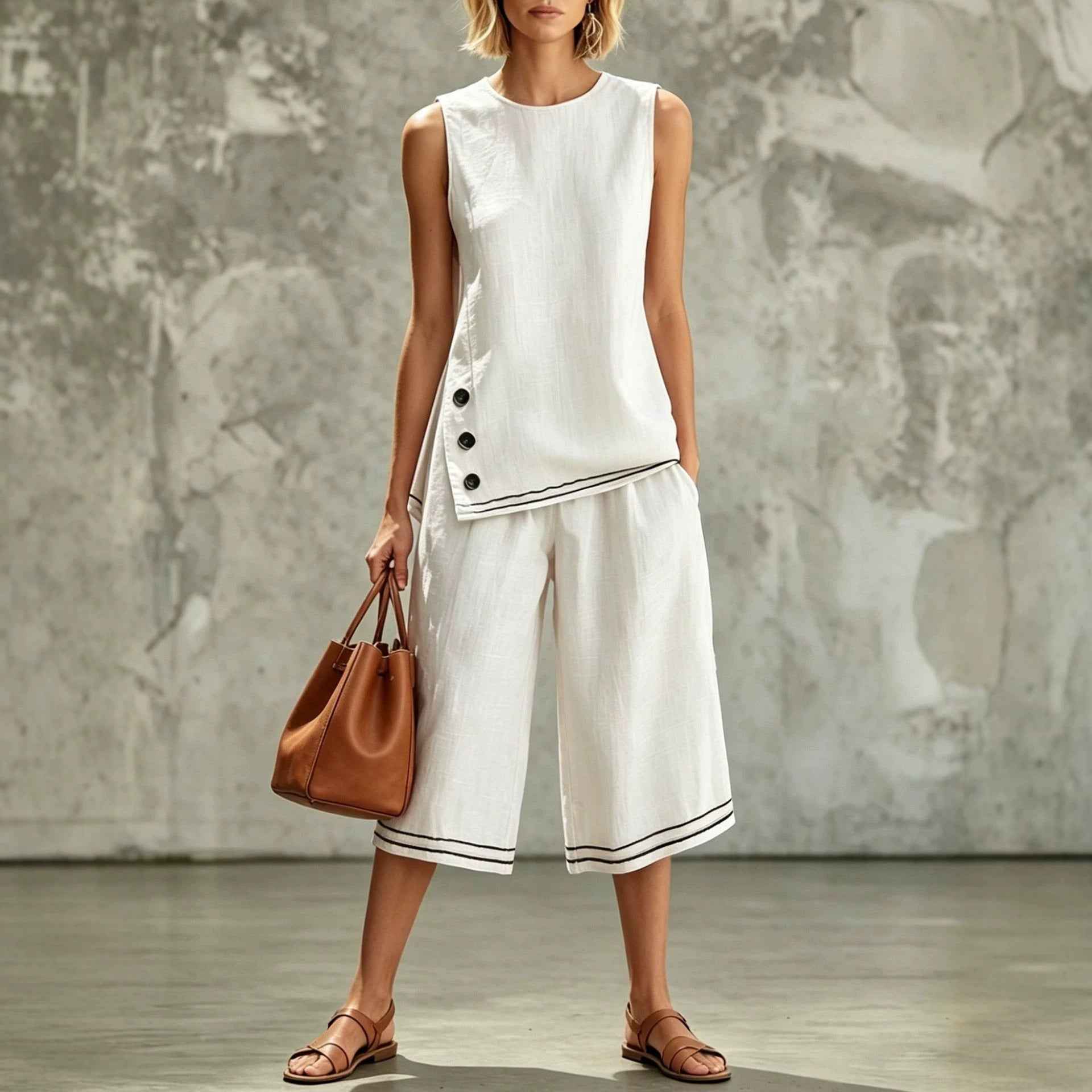 Women's Tank Top & Wide-Leg Pants Set – Side Split, Pockets, Buttons